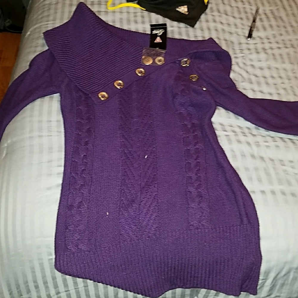 Purple cable knit shawl collar sweater